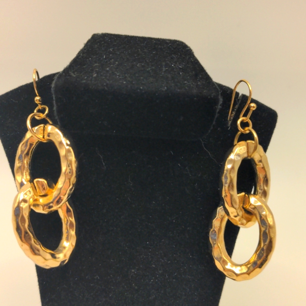 New Chunky Gold-Tone Hammered Earrings. Drop, Dangle Hoops 1 1/2 ", Boho